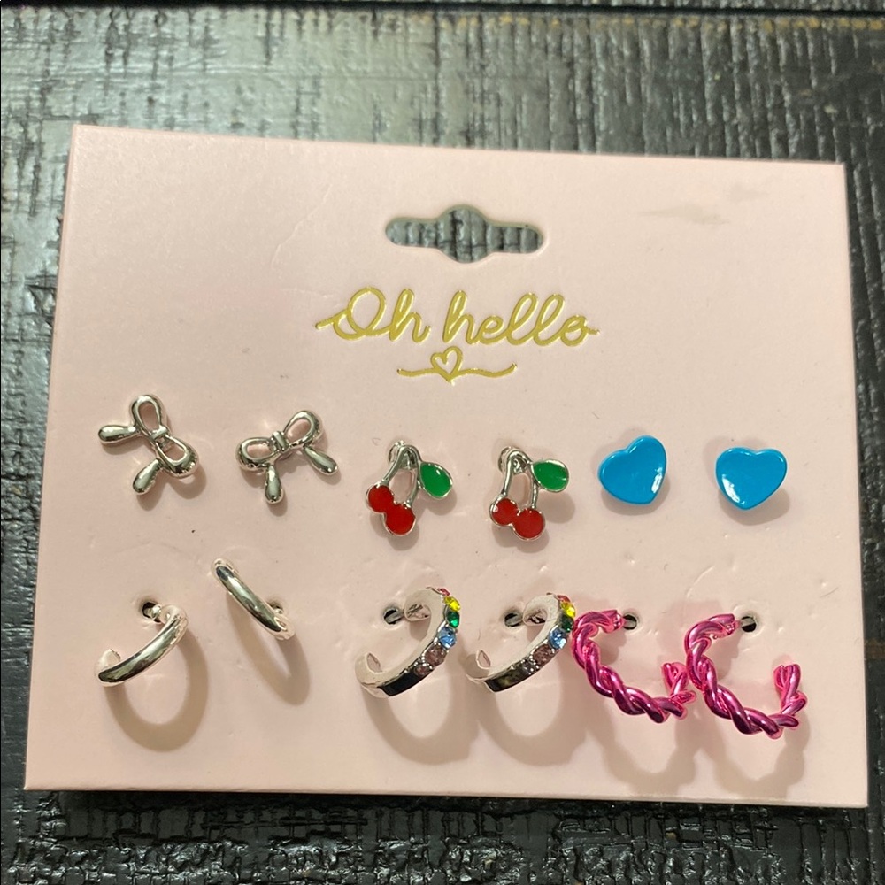 Adorable NWT 6 Pr. Cherries Hearts Bows Hoops Earring Set!
